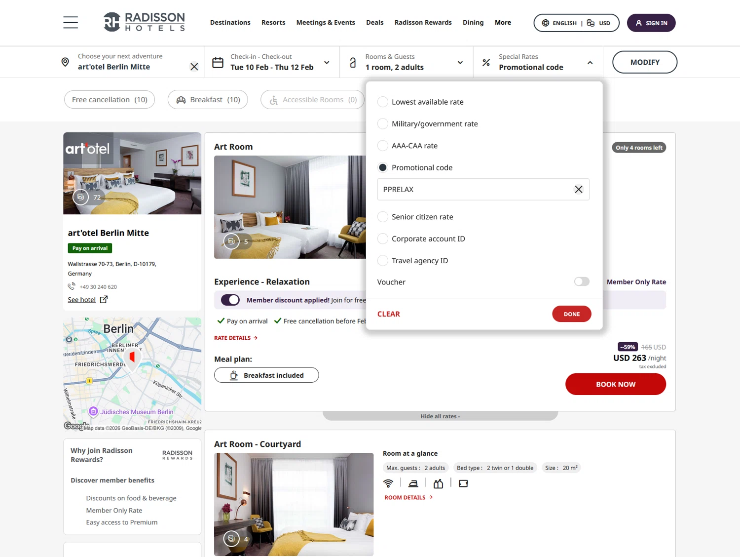 Radisson Hotels checkout page showing Radisson Hotels discount code box | Screenshot taken by SimplyCodes community member on Feb 7, 2026