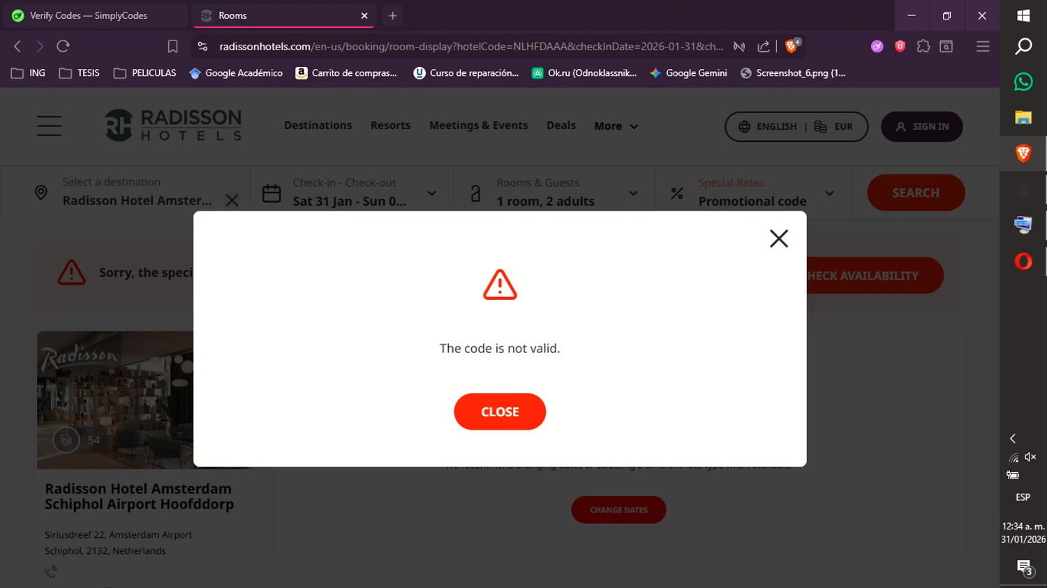 Radisson Hotels discount code screenshot showing code GPL273 applied at Radisson Hotels checkout page. Uploaded by SimplyCodes community member xXdevoragoticas69Xx on Jan 31, 2026