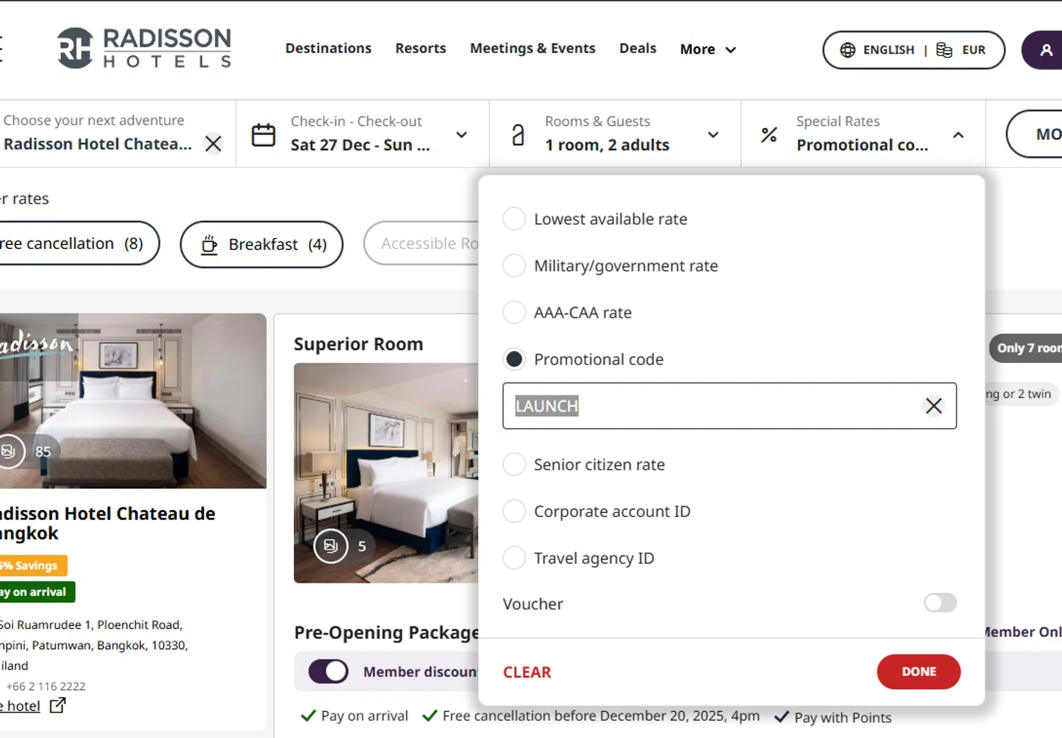 Radisson Hotels discount code screenshot showing code LAUNCH applied at Radisson Hotels checkout page. Uploaded by SimplyCodes community member Dejadepicharme on Dec 12, 2025