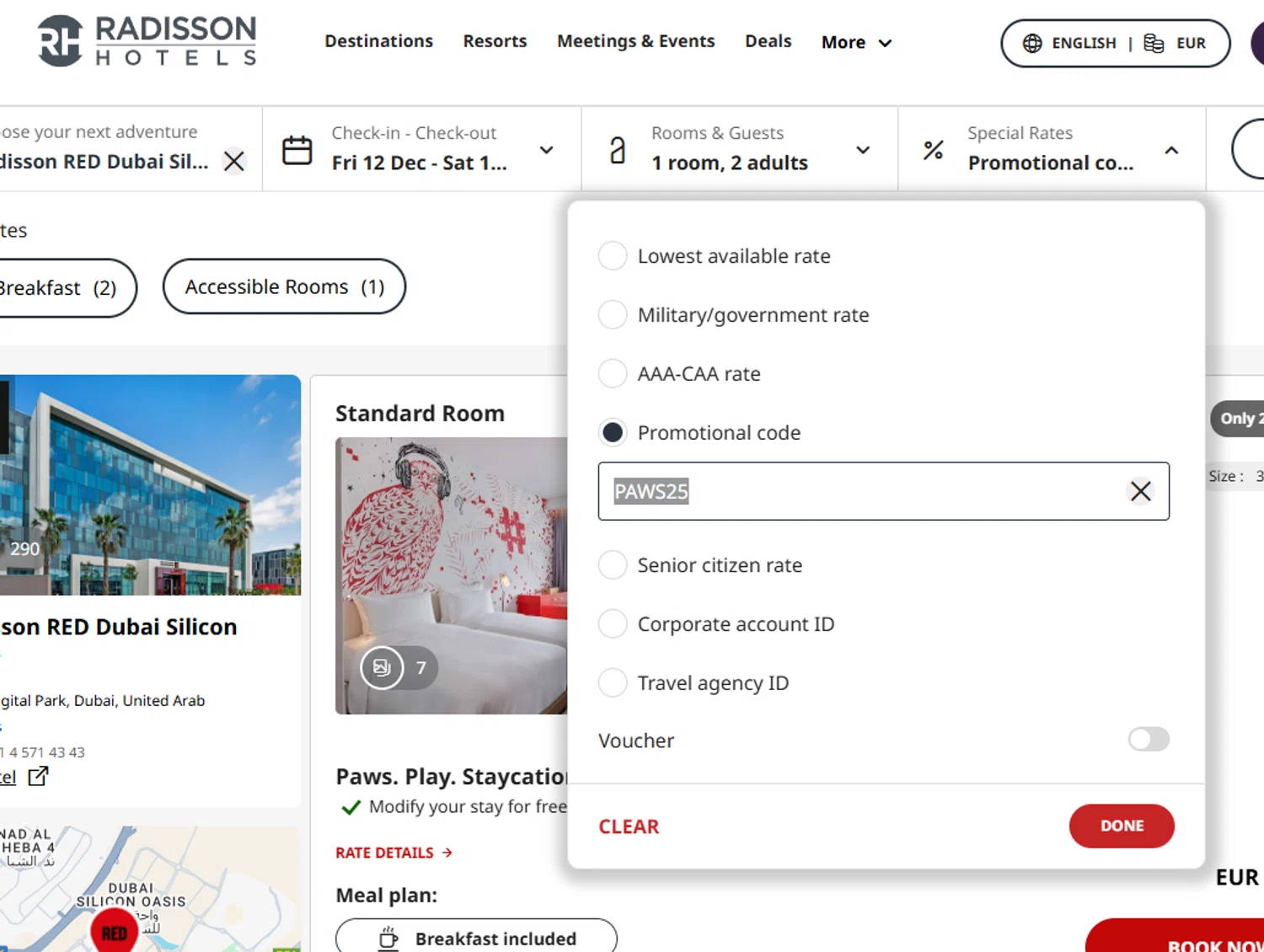 Radisson Hotels discount code screenshot showing code PAWS25 applied at Radisson Hotels checkout page. Uploaded by SimplyCodes community member Dejadepicharme on Dec 13, 2025