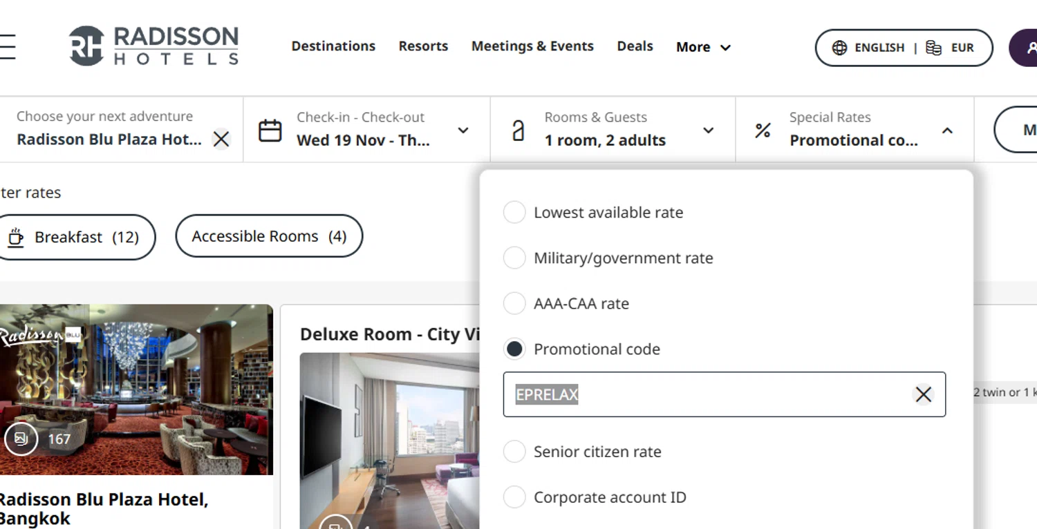 Radisson Hotels discount code screenshot showing code EPRELAX applied at Radisson Hotels checkout page. Uploaded by SimplyCodes community member Dejadepicharme on Nov 20, 2025