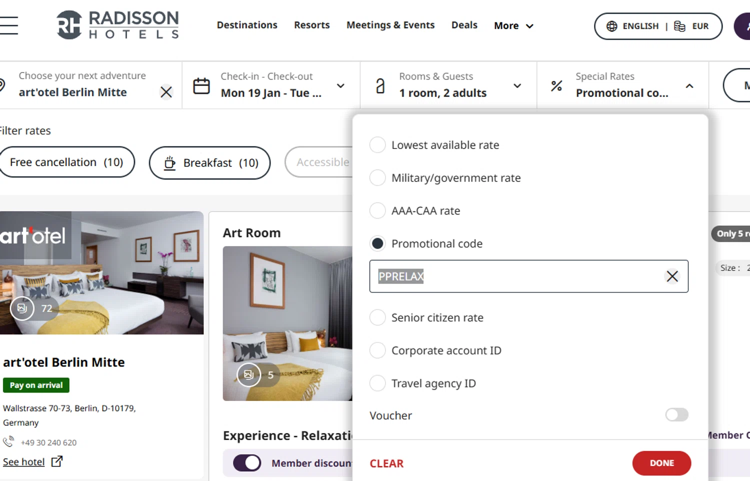 Radisson Hotels discount code screenshot showing code PPRELAX applied at Radisson Hotels checkout page. Uploaded by SimplyCodes community member Dejadepicharme on Jan 16, 2026