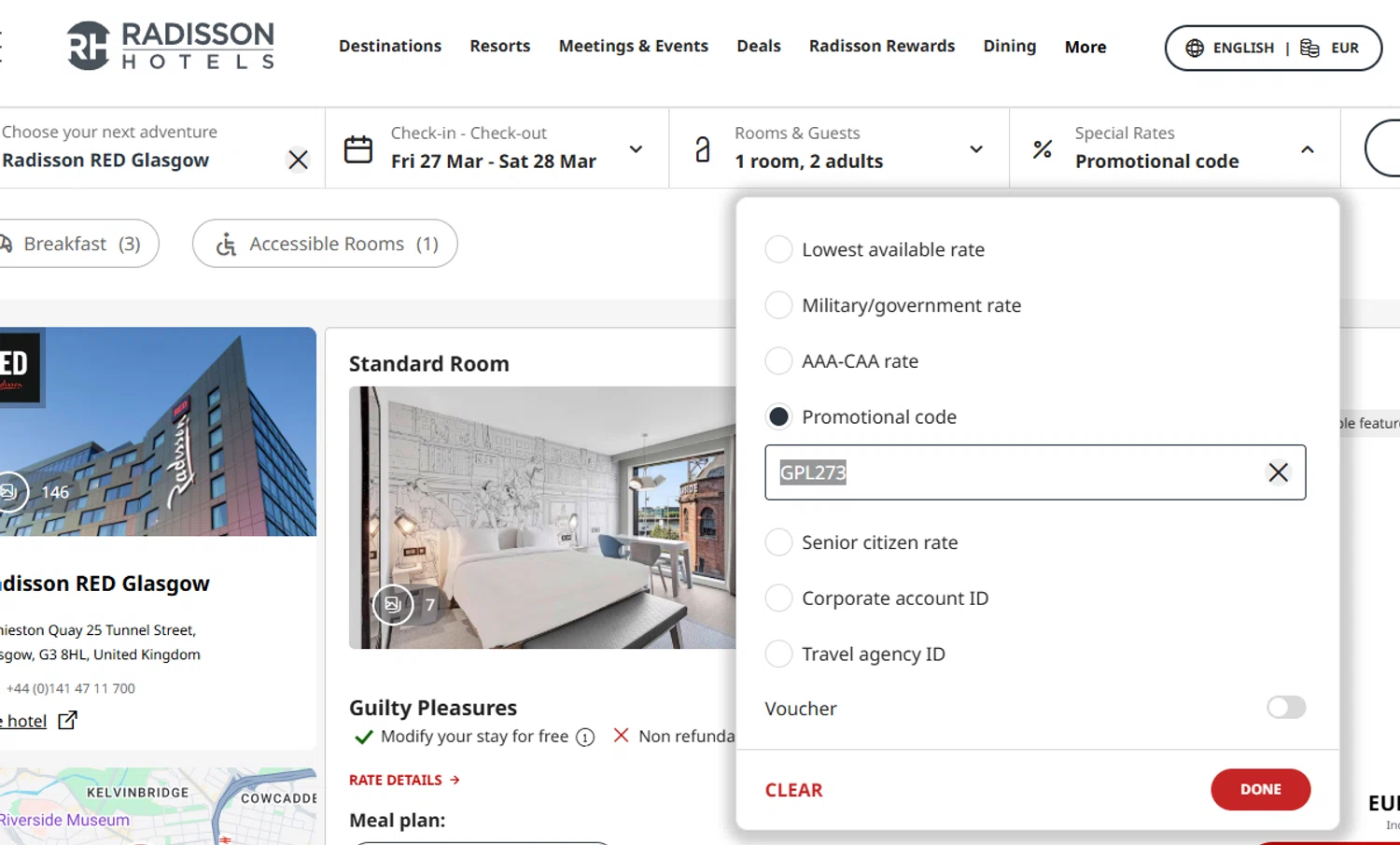 Radisson Hotels discount code screenshot showing code GPL273 applied at Radisson Hotels checkout page. Uploaded by SimplyCodes community member Dejadepicharme on Jan 31, 2026