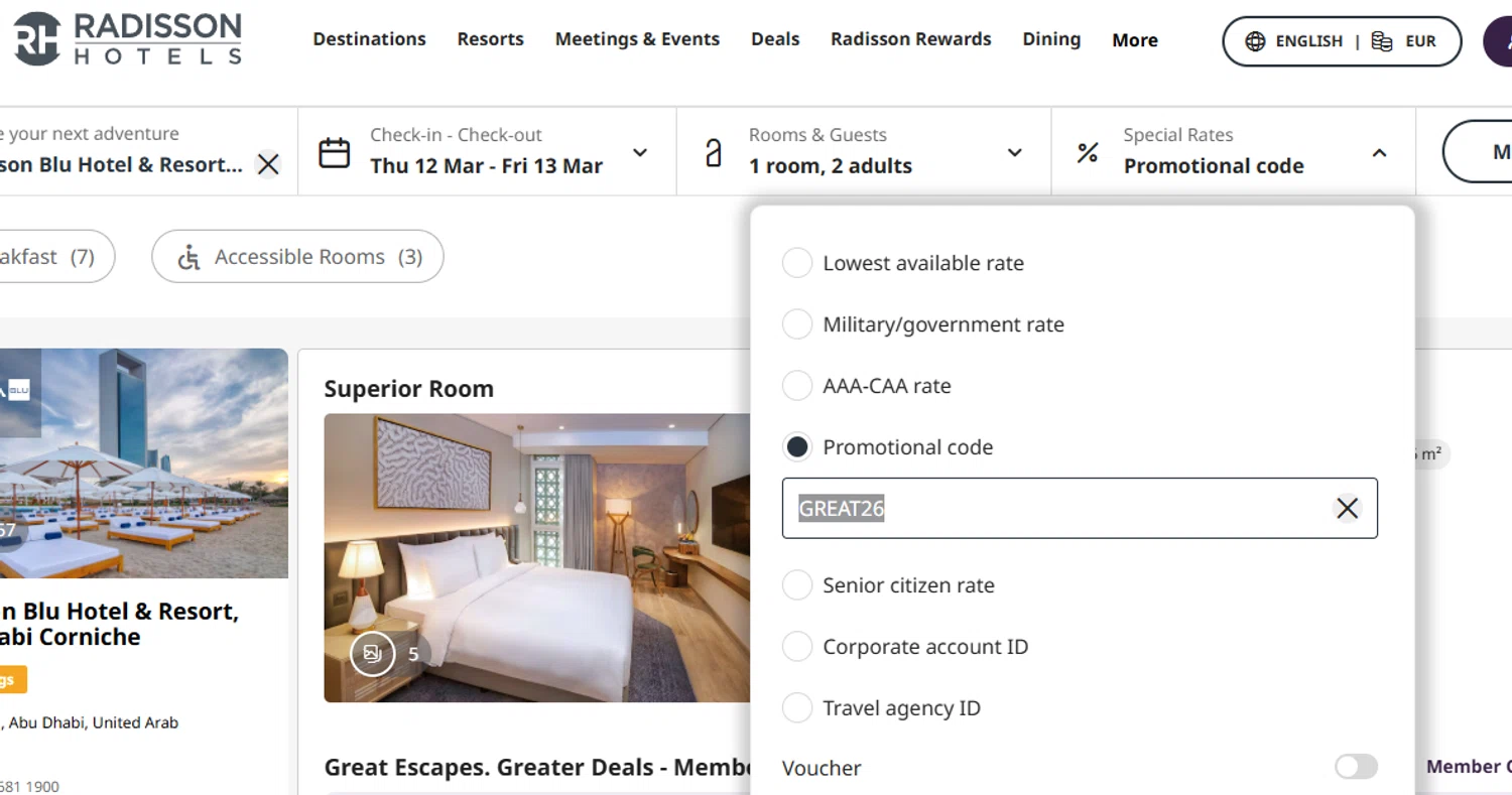 Radisson Hotels discount code screenshot showing code GREAT26 applied at Radisson Hotels checkout page. Uploaded by SimplyCodes community member Dejadepicharme on Feb 27, 2026