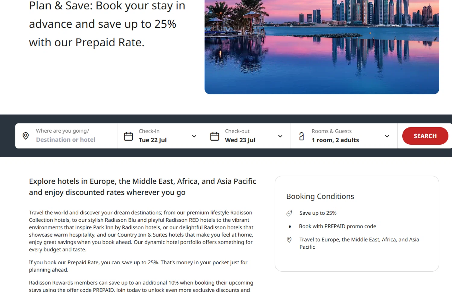 Radisson Hotels discount code screenshot showing code prepaid applied at Radisson Hotels checkout page. Uploaded by SimplyCodes community member Dejadepicharme on Jul 22, 2025