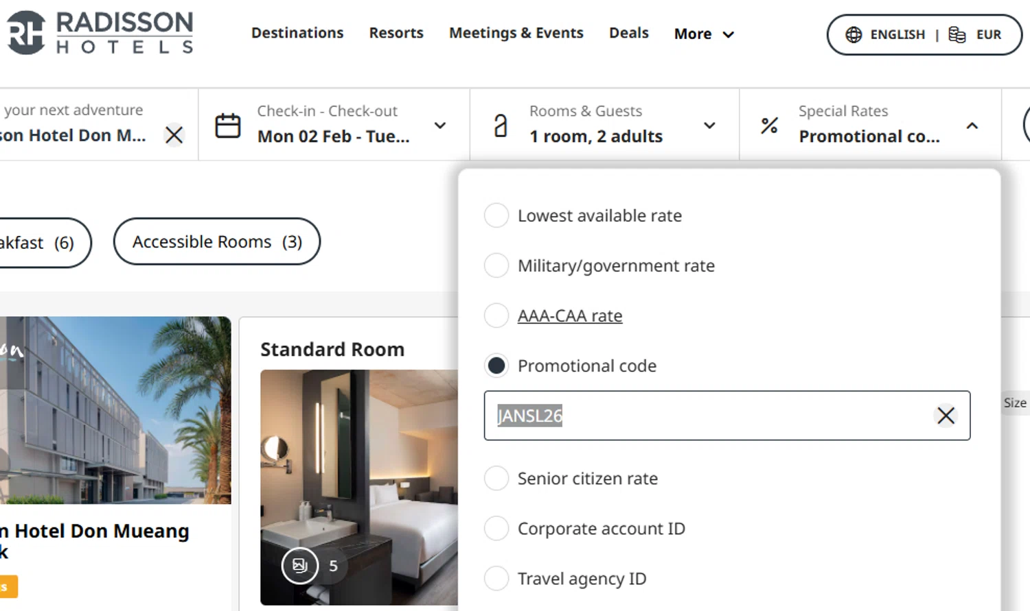 Radisson Hotels discount code screenshot showing code JANSL26 applied at Radisson Hotels checkout page. Uploaded by SimplyCodes community member Dejadepicharme on Jan 14, 2026