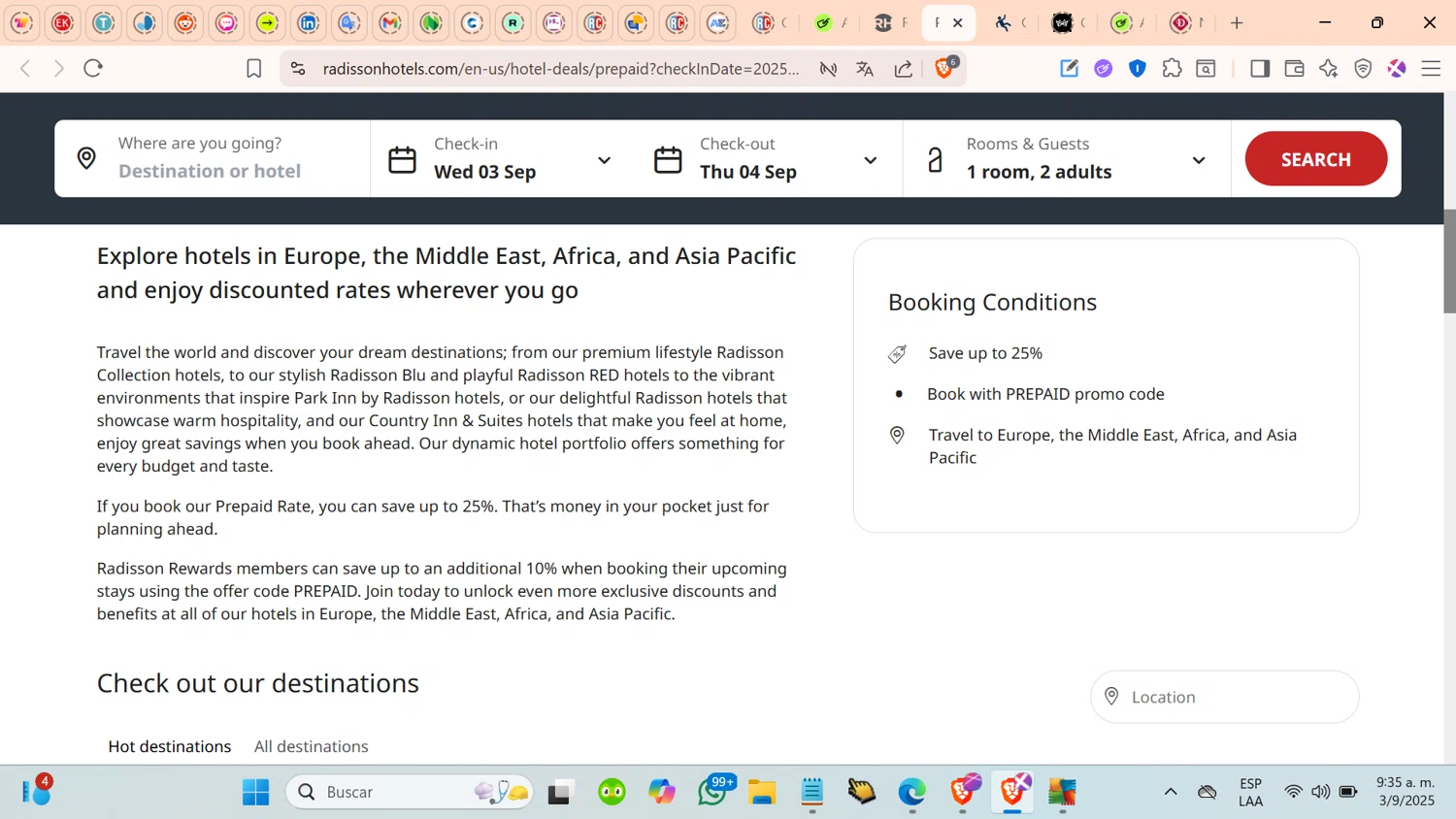 Radisson Hotels discount code screenshot showing code PREPAID applied at Radisson Hotels checkout page. Uploaded by SimplyCodes community member cosita on Sep 3, 2025