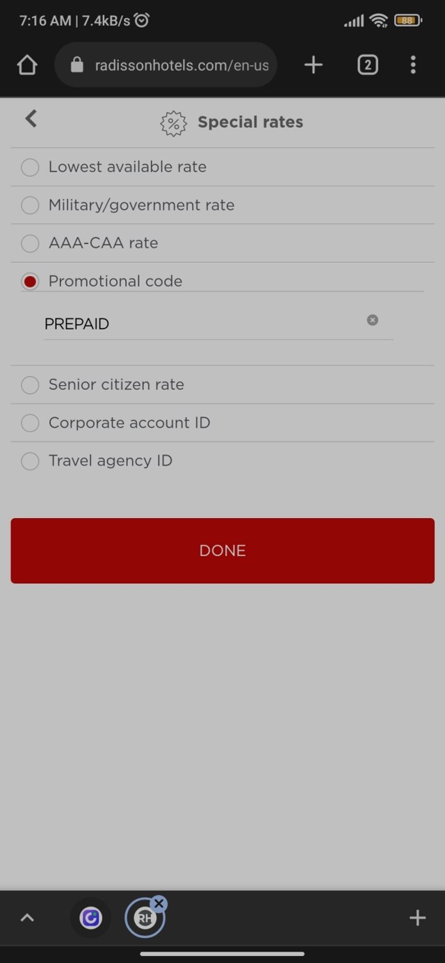 Radisson Red checkout page showing Radisson Red promo code box | Screenshot taken by SimplyCodes community member on Sep 14, 2022