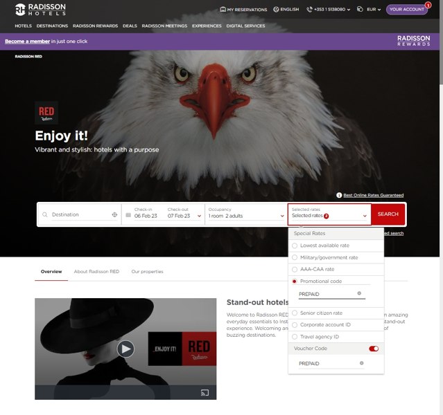 Radisson Red checkout page showing Radisson Red promo code box | Screenshot taken by SimplyCodes community member on Feb 6, 2023