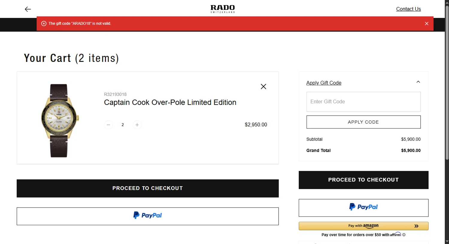 Rado discount code screenshot showing code ARADO18 applied at Rado checkout page. Uploaded by SimplyCodes community member SalePhoenix2220 on Jun 19, 2025