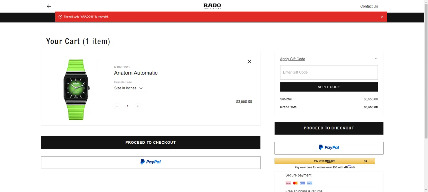 Rado discount code screenshot showing code ARADO18 applied at Rado checkout page. Uploaded by SimplyCodes community member ValiantAce1810 on Jun 19, 2025