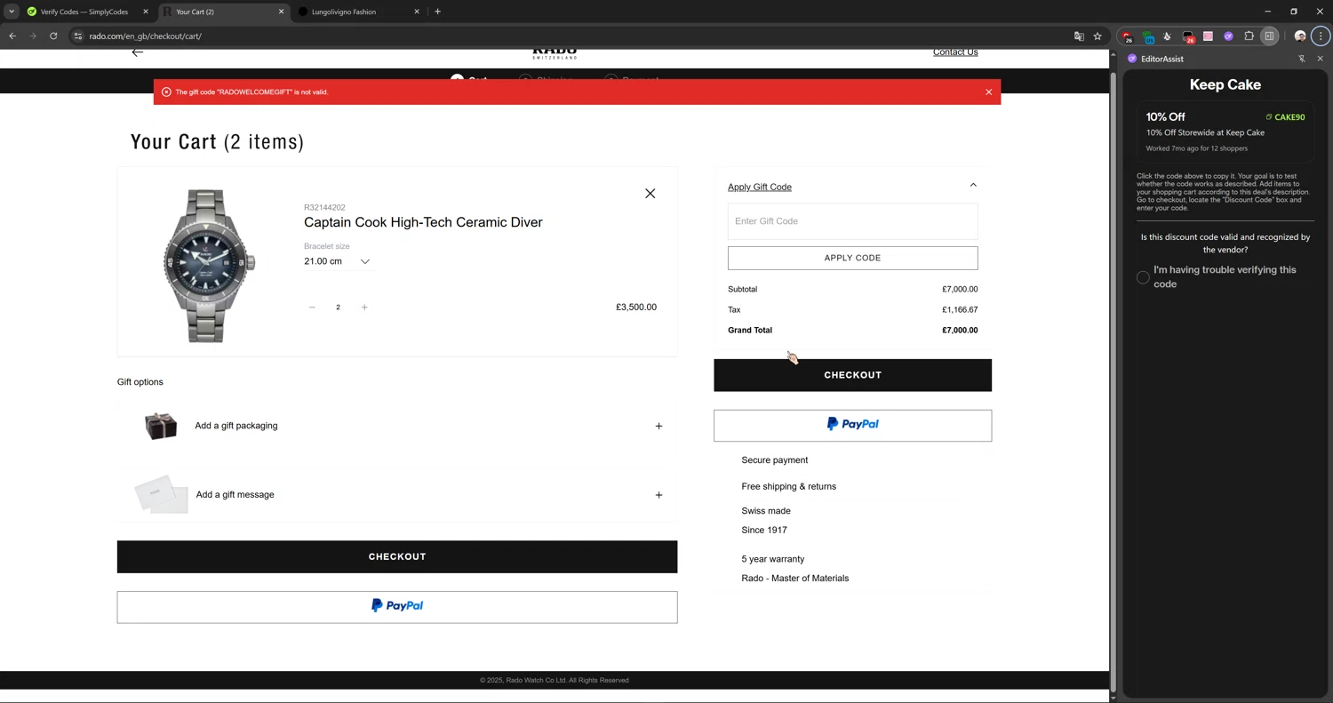 Rado discount code screenshot showing code RADOWELCOMEGIFT applied at Rado checkout page. Uploaded by SimplyCodes community member Cbombis on Jul 23, 2025