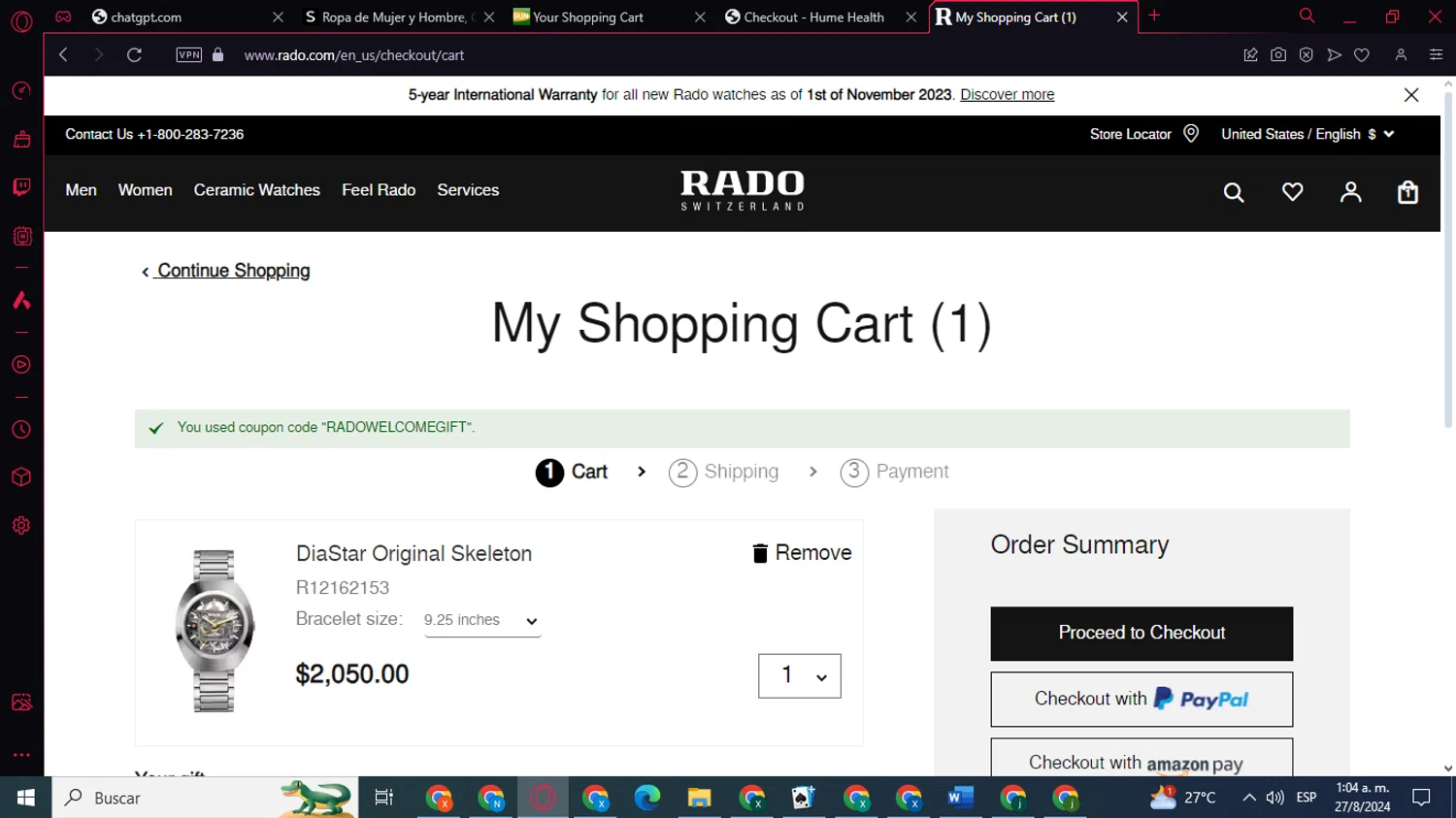Rado checkout page showing Rado discount code box | Screenshot taken by SimplyCodes community member on Aug 27, 2024