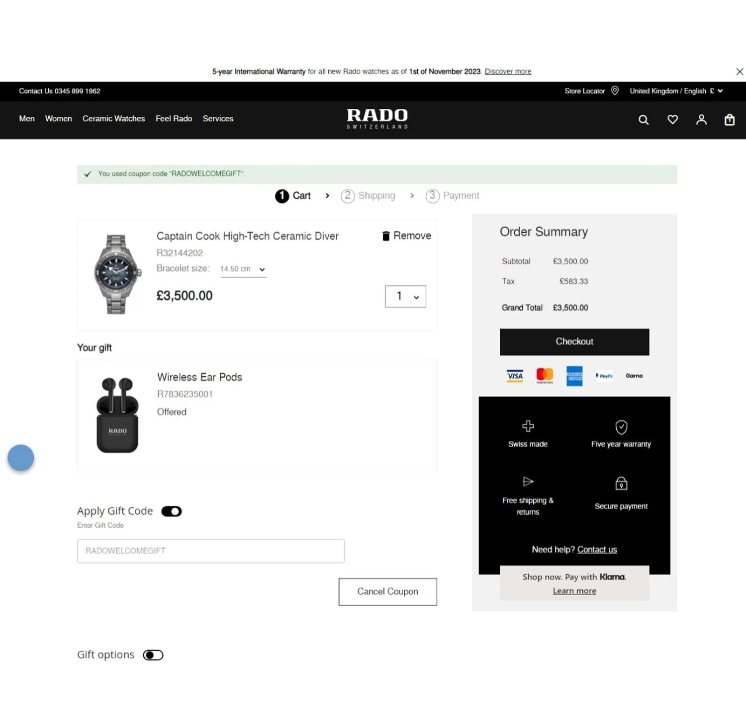 Rado checkout page showing Rado discount code box | Screenshot taken by SimplyCodes community member on Apr 3, 2024