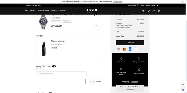 Rado checkout page showing Rado discount code box | Screenshot taken by SimplyCodes community member on May 12, 2024
