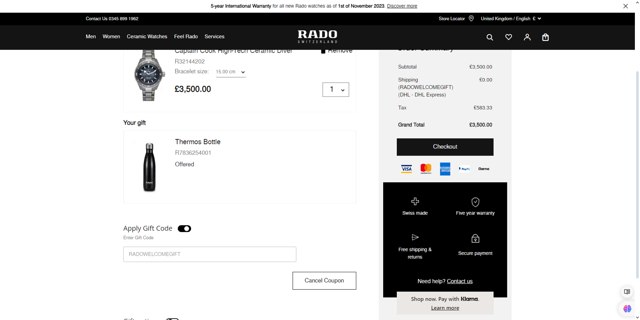 Rado checkout page showing Rado discount code box | Screenshot taken by SimplyCodes community member on May 12, 2024