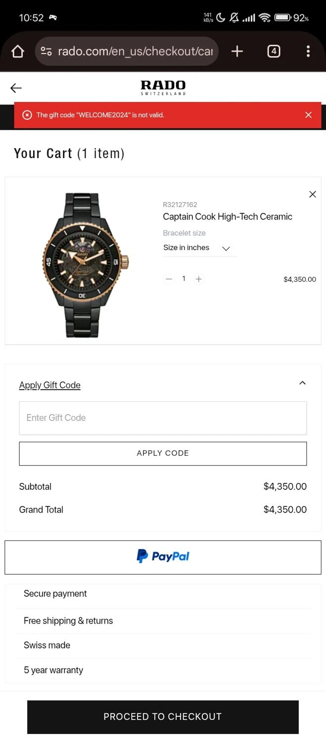 Rado discount code screenshot showing code WELCOME2024 applied at Rado checkout page. Uploaded by SimplyCodes community member Bjhfuhdf on Sep 25, 2025