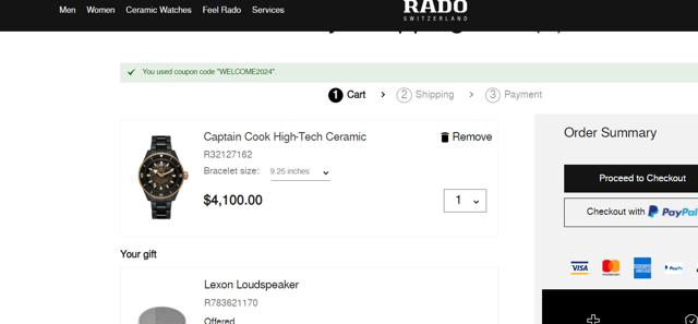 Rado checkout page showing Rado discount code box | Screenshot taken by SimplyCodes community member on Apr 27, 2024