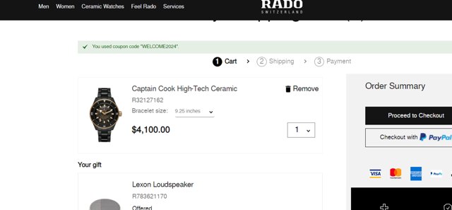 Rado checkout page showing Rado discount code box | Screenshot taken by SimplyCodes community member on Apr 27, 2024