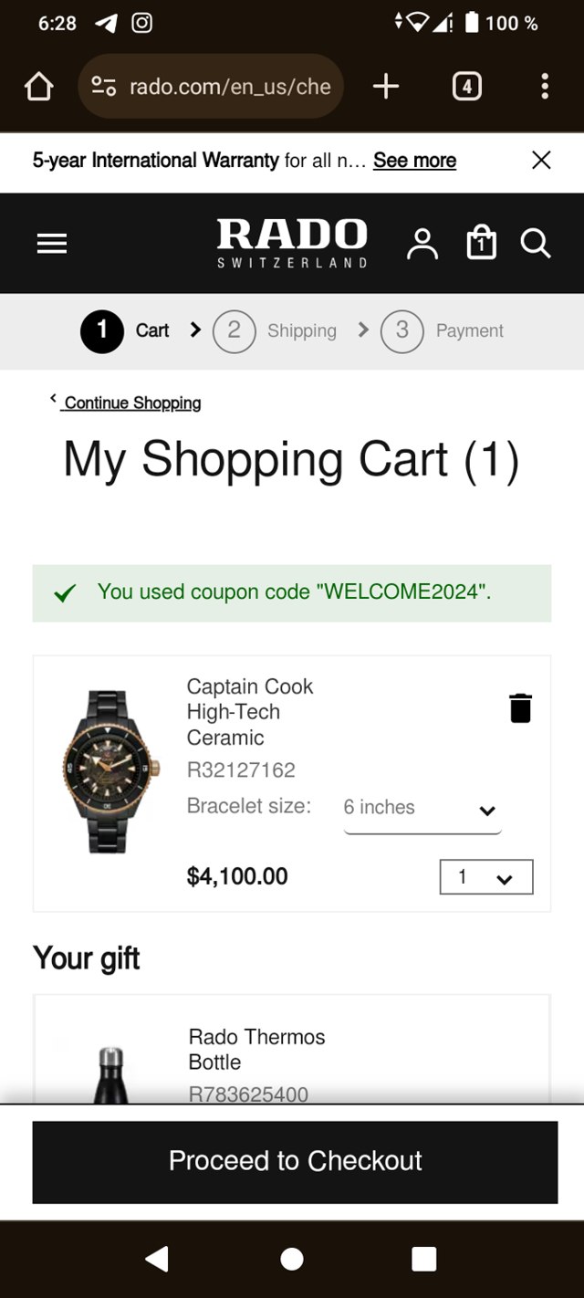 Rado checkout page showing Rado discount code box | Screenshot taken by SimplyCodes community member on Jul 23, 2024