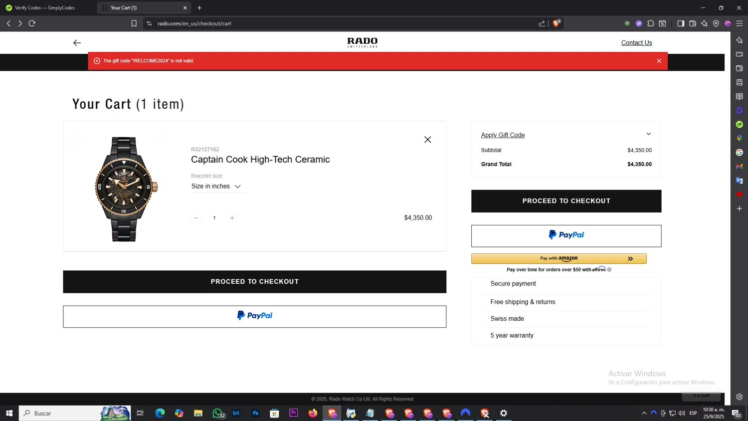 Rado discount code screenshot showing code WELCOME2024 applied at Rado checkout page. Uploaded by SimplyCodes community member NobleLegend6162 on Sep 25, 2025