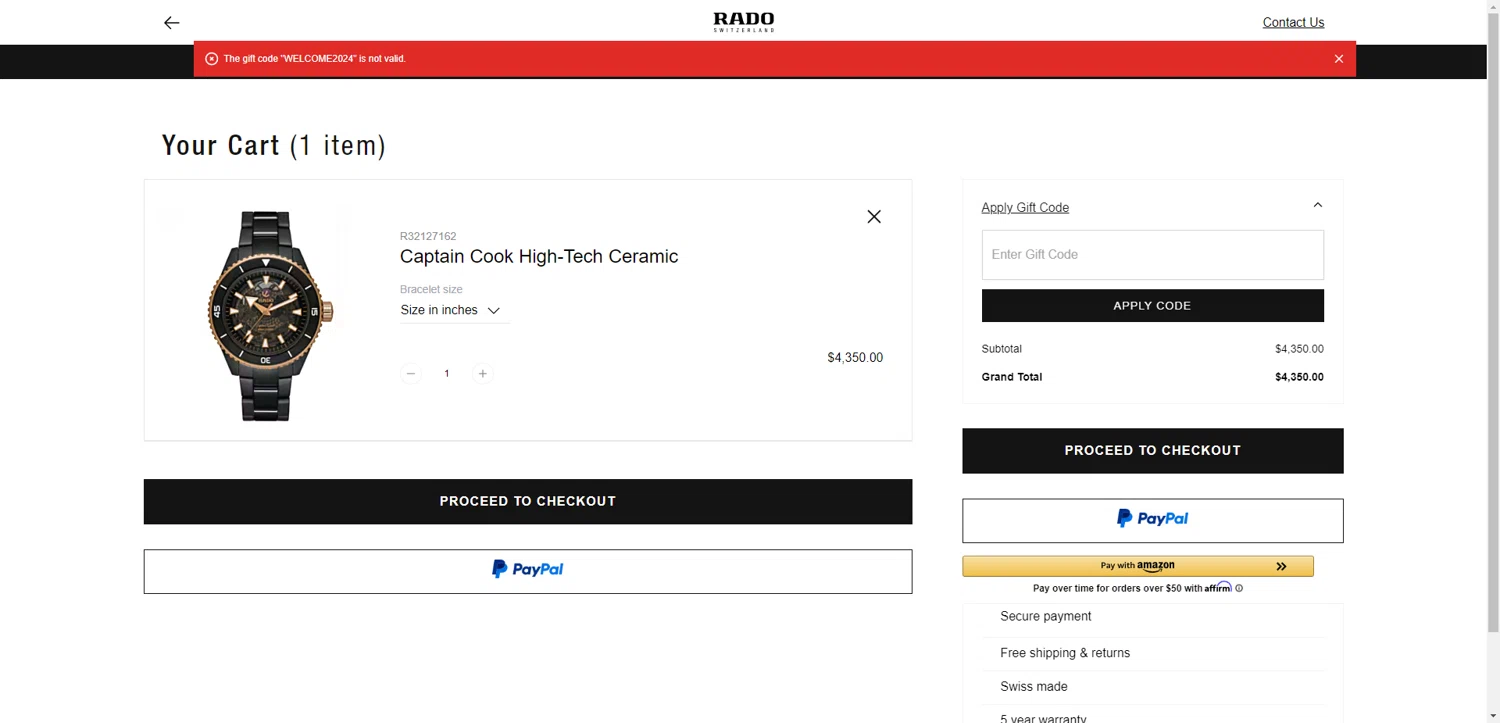 Rado discount code screenshot showing code WELCOME2024 applied at Rado checkout page. Uploaded by SimplyCodes community member PennyRanger8219 on Sep 25, 2025