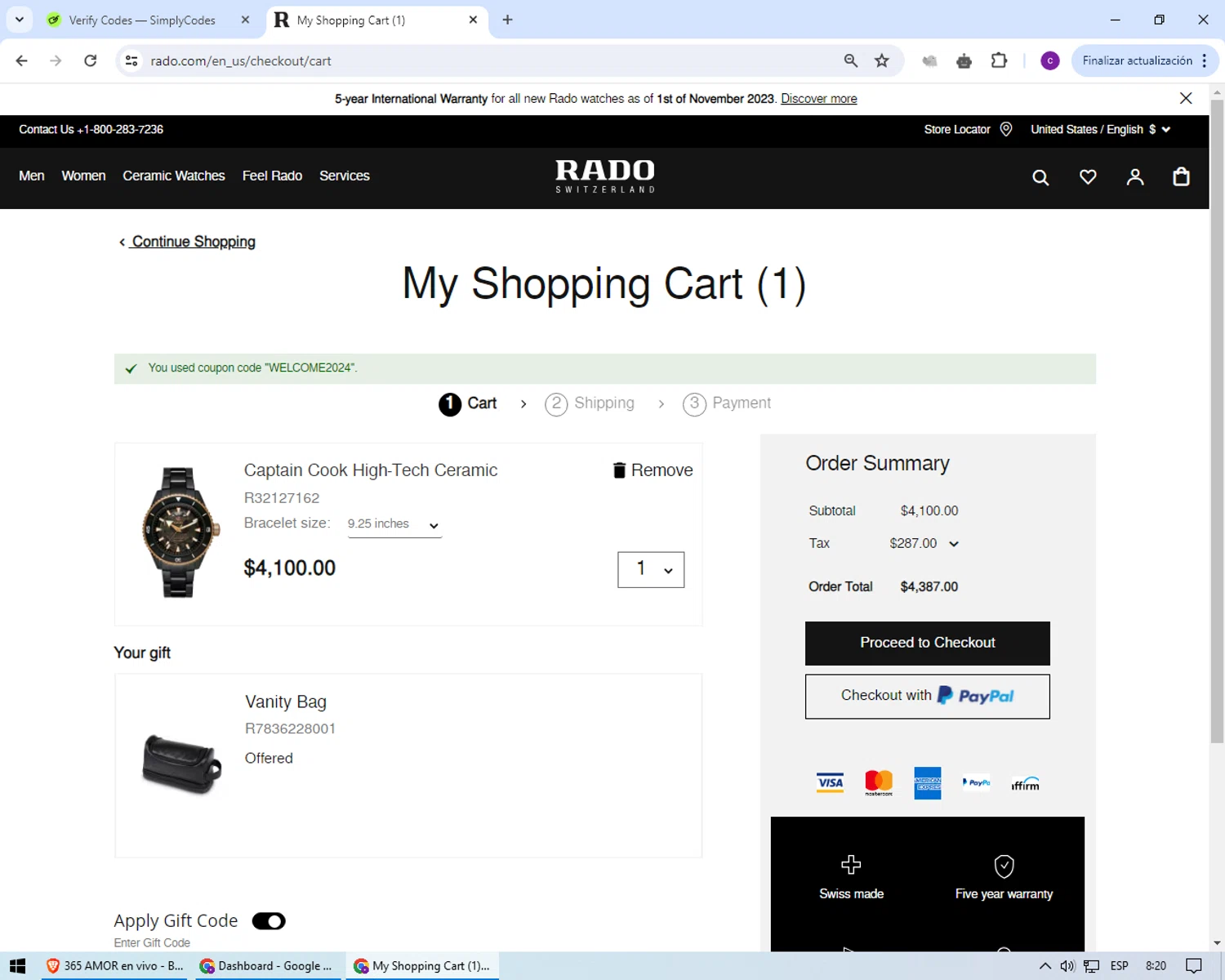 Rado checkout page showing Rado discount code box | Screenshot taken by SimplyCodes community member on May 26, 2024