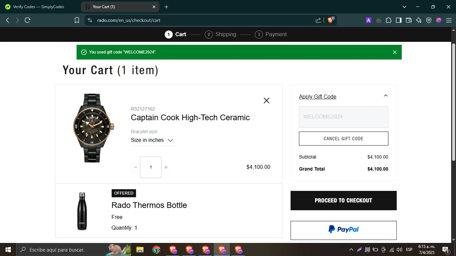 Rado checkout page showing Rado discount code box | Screenshot taken by SimplyCodes community member on Apr 7, 2025