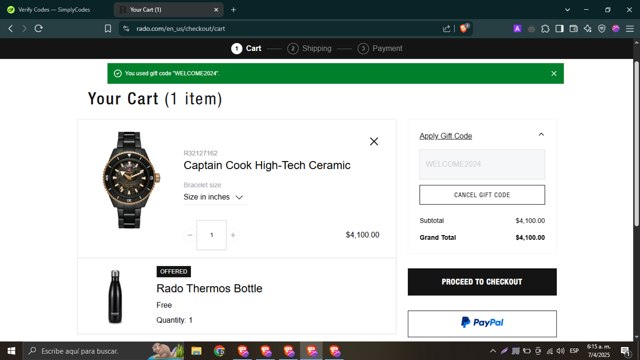 Rado checkout page showing Rado discount code box | Screenshot taken by SimplyCodes community member on Apr 7, 2025