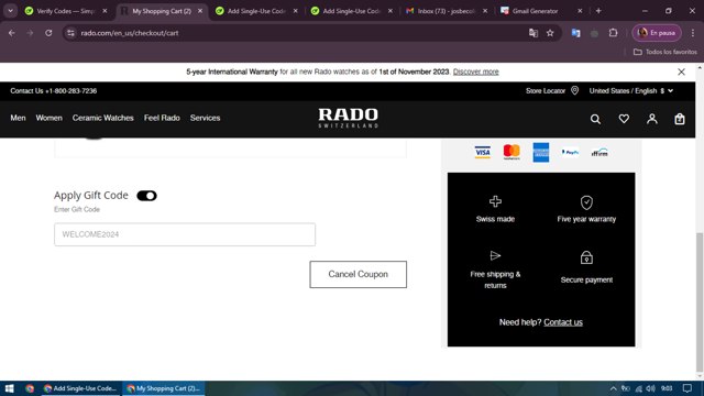 Rado checkout page showing Rado discount code box | Screenshot taken by SimplyCodes community member on Aug 21, 2024