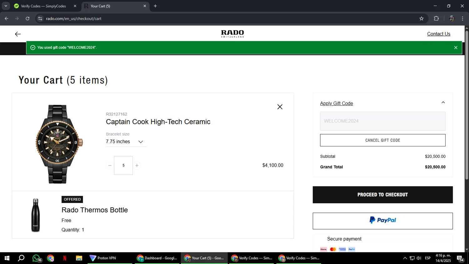 Rado checkout page showing Rado discount code box | Screenshot taken by SimplyCodes community member on Apr 14, 2025