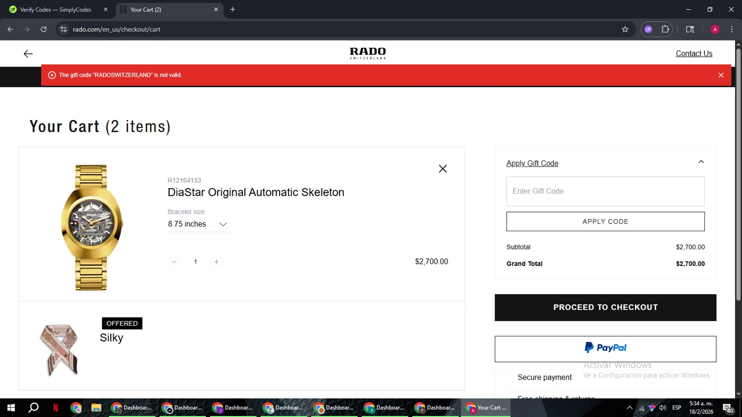 Rado discount code screenshot showing code RADOSWITZERLAND applied at Rado checkout page. Uploaded by SimplyCodes community member BMWGS1200 on Feb 18, 2026
