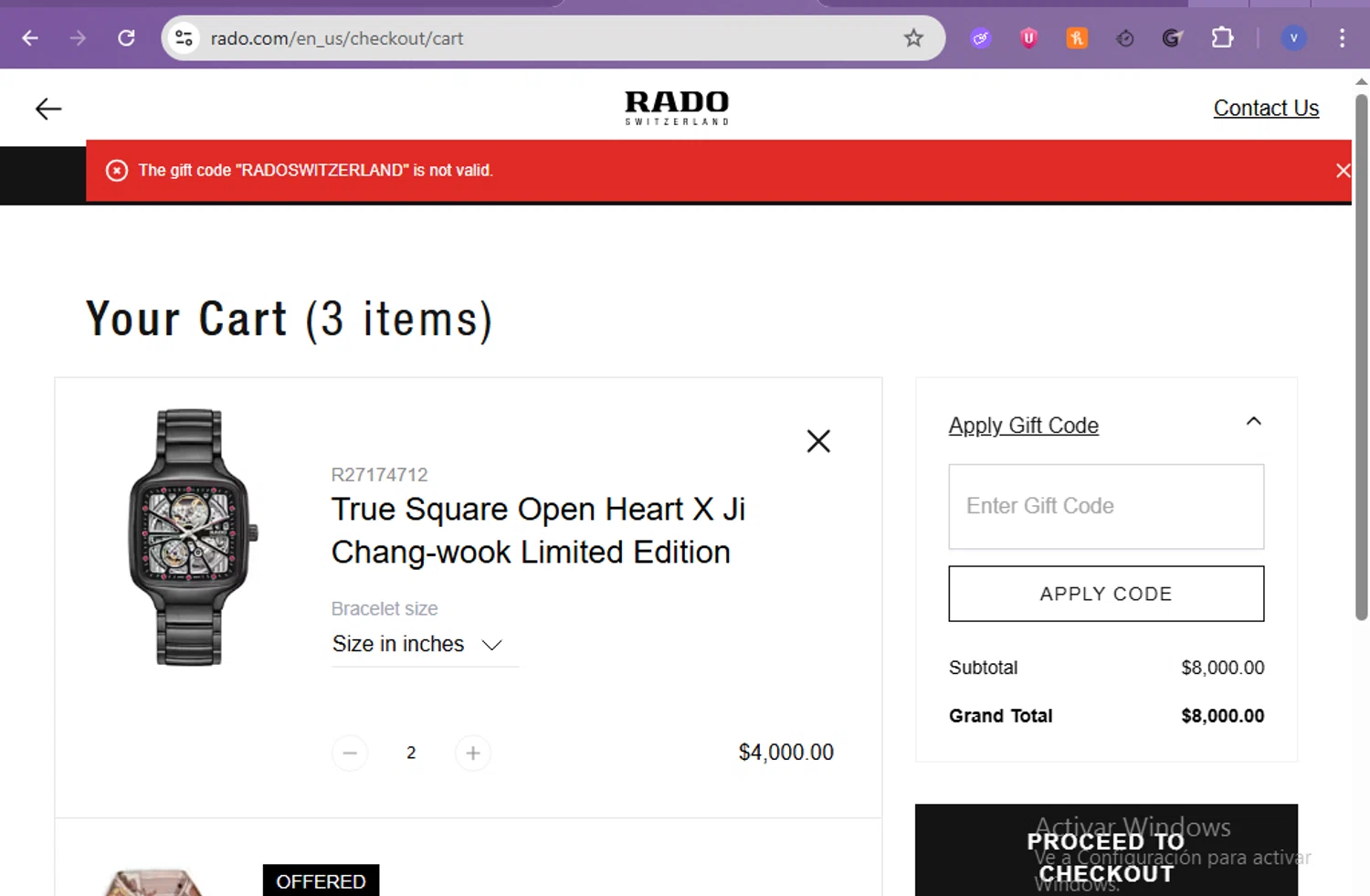 Rado discount code screenshot showing code RADOSWITZERLAND applied at Rado checkout page. Uploaded by SimplyCodes community member beatrizcastillo on Feb 18, 2026