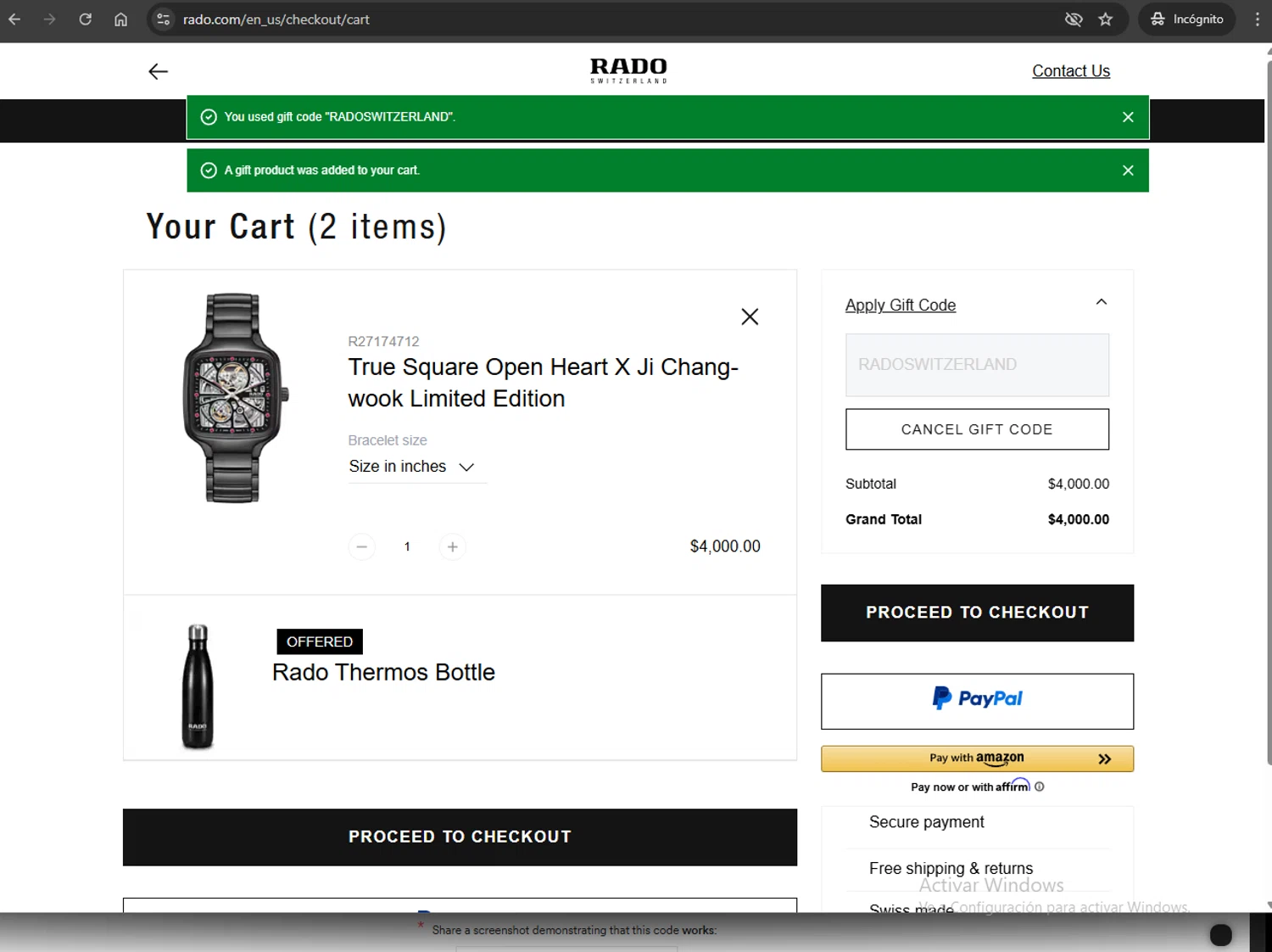 Rado discount code screenshot showing code RADOSWITZERLAND applied at Rado checkout page. Uploaded by SimplyCodes community member Jmhernand1 on Jan 23, 2026