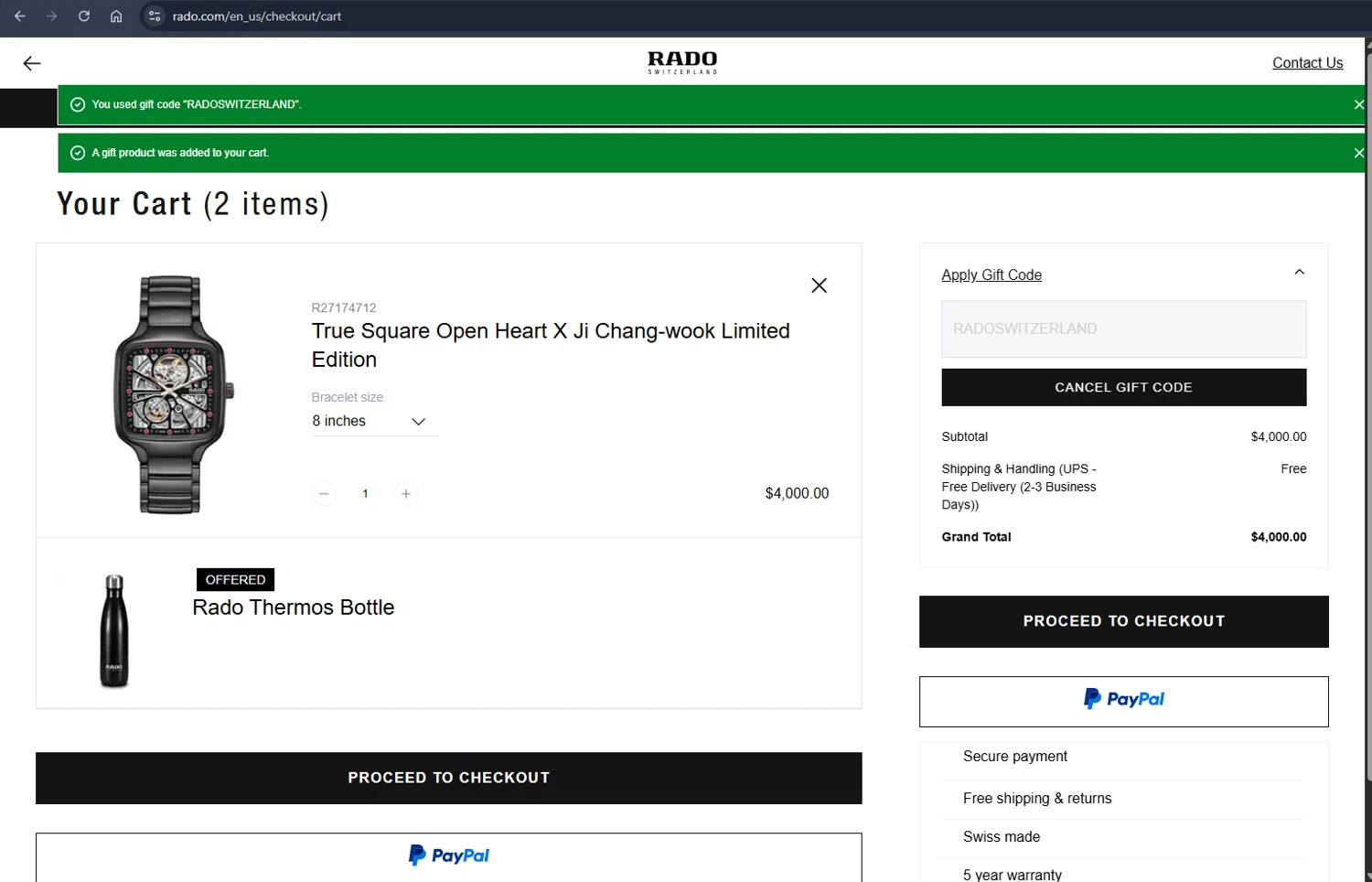 Rado discount code screenshot showing code RADOSWITZERLAND applied at Rado checkout page. Uploaded by SimplyCodes community member Jmhernand1 on Feb 21, 2026
