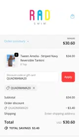 QUADMAMA20 coupon verification screenshot