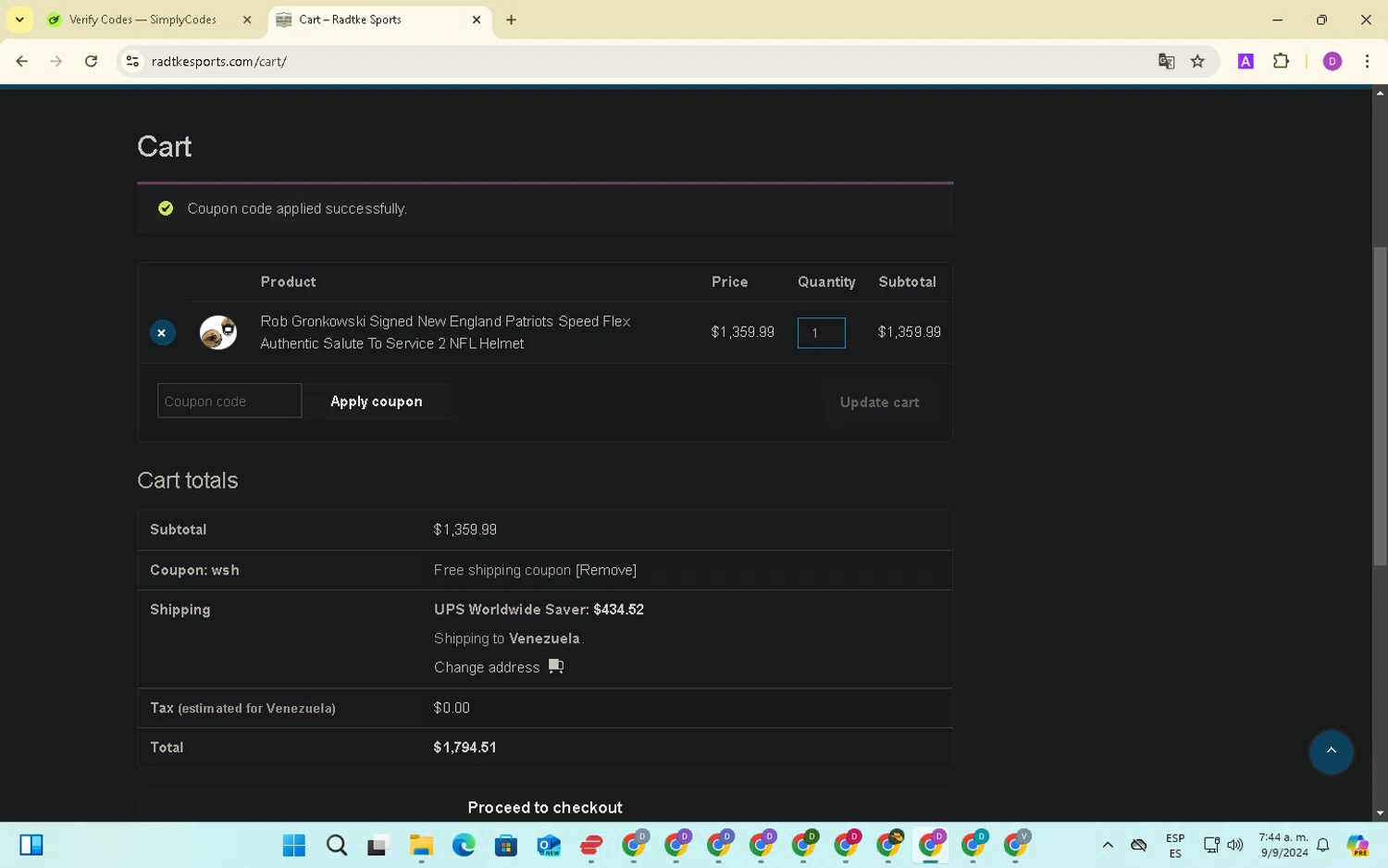 Radtke Sports checkout page showing Radtke Sports promo code box | Screenshot taken by SimplyCodes community member on Sep 9, 2024