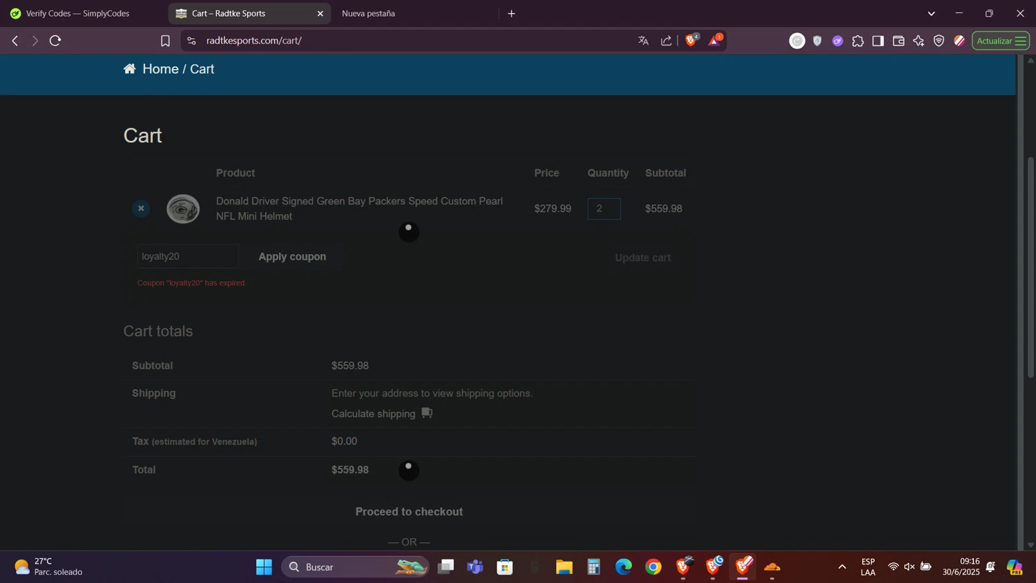 Radtke Sports promo code screenshot showing code loyalty20 applied at Radtke Sports checkout page. Uploaded by SimplyCodes community member FortunateRanger1171 on Jun 30, 2025