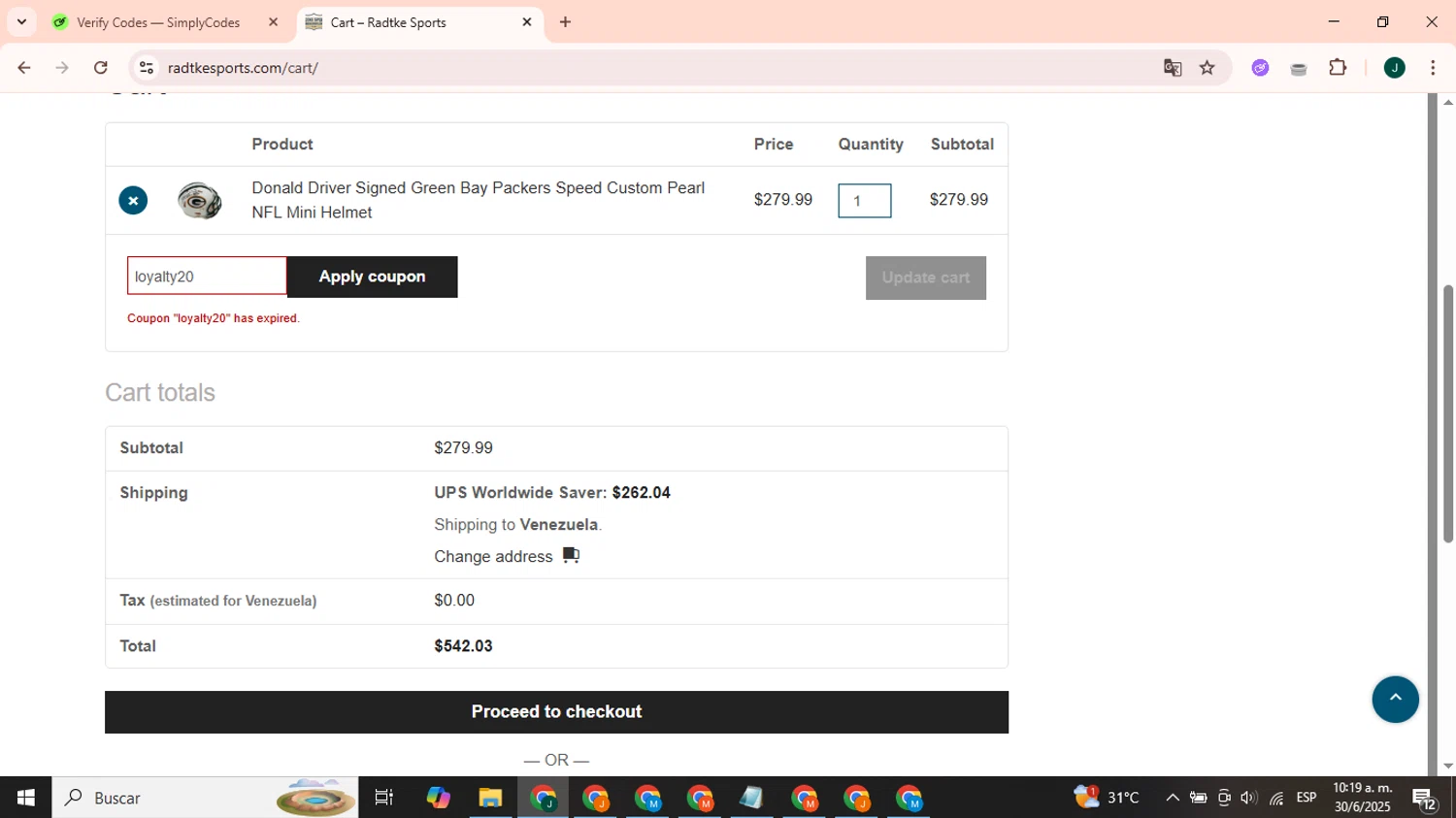Radtke Sports promo code screenshot showing code loyalty20 applied at Radtke Sports checkout page. Uploaded by SimplyCodes community member PromoKnight9126 on Jun 30, 2025