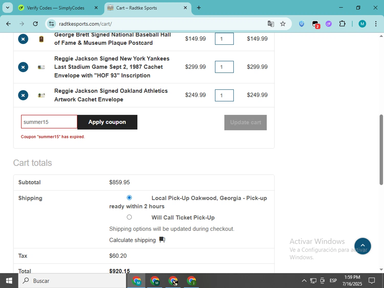 Radtke Sports promo code screenshot showing code summer15 applied at Radtke Sports checkout page. Uploaded by SimplyCodes community member estrellaveloz on Jul 16, 2025
