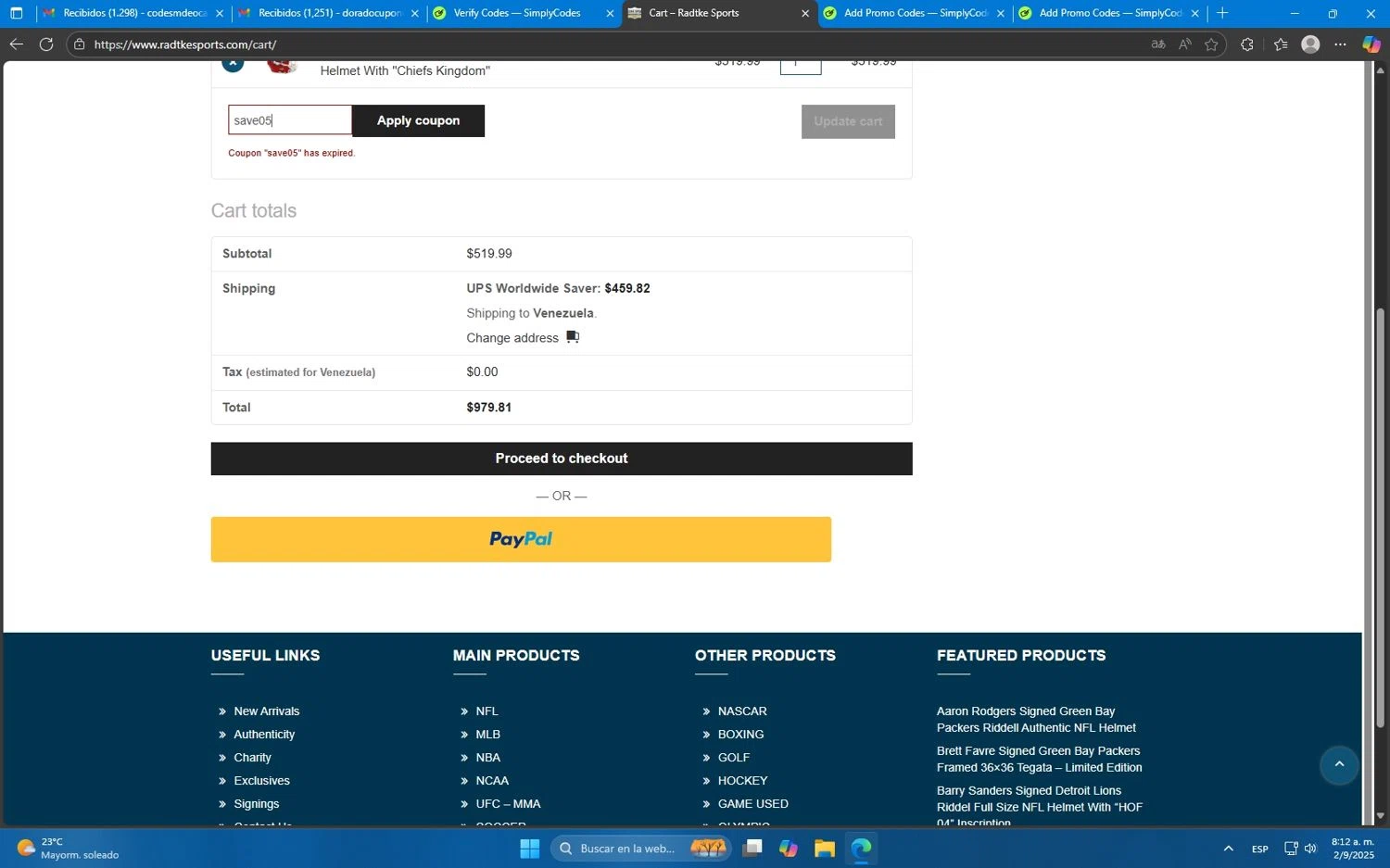 Radtke Sports promo code screenshot showing code save05 applied at Radtke Sports checkout page. Uploaded by SimplyCodes community member Mdeoca on Sep 2, 2025