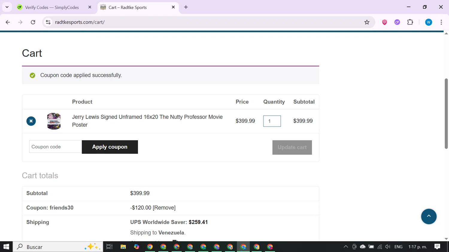 Radtke Sports promo code screenshot showing code friends30 applied at Radtke Sports checkout page. Uploaded by SimplyCodes community member CrownShopper7142 on Oct 31, 2025