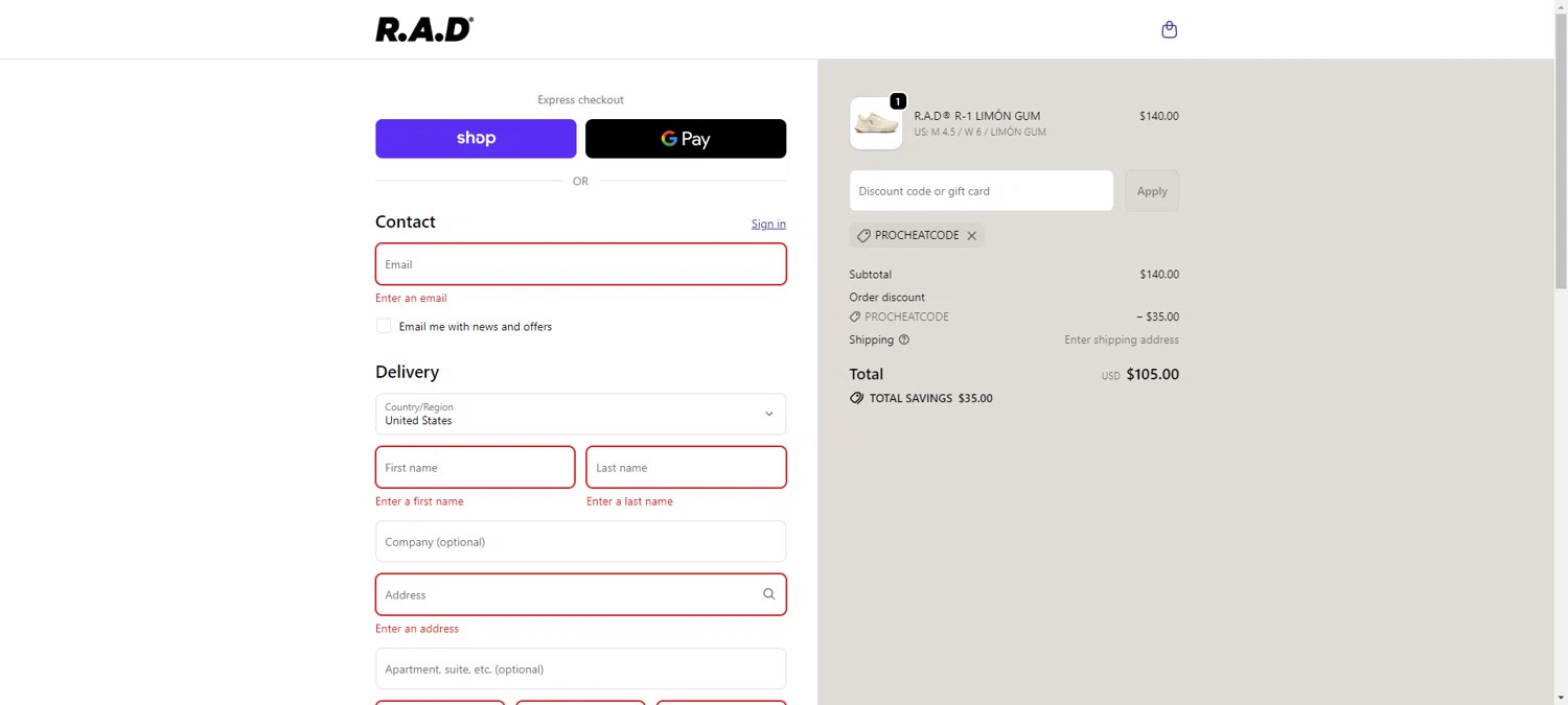 R.A.D checkout page showing R.A.D discount code box | Screenshot taken by SimplyCodes community member on Oct 10, 2025