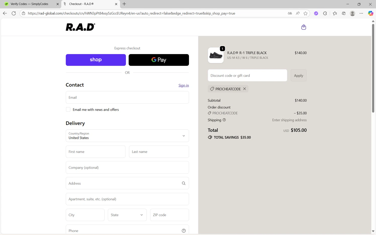 R.A.D checkout page showing R.A.D discount code box | Screenshot taken by SimplyCodes community member on Oct 7, 2025