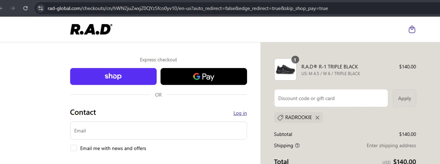 R.A.D discount code screenshot showing code RADROOKIE applied at R.A.D checkout page. Uploaded by SimplyCodes community member Mulan5674851292422 on Sep 8, 2025