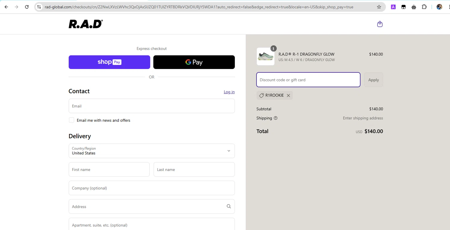 R.A.D discount code screenshot showing code R1ROOKIE applied at R.A.D checkout page. Uploaded by SimplyCodes community member YHLQMDLGN on Apr 16, 2025