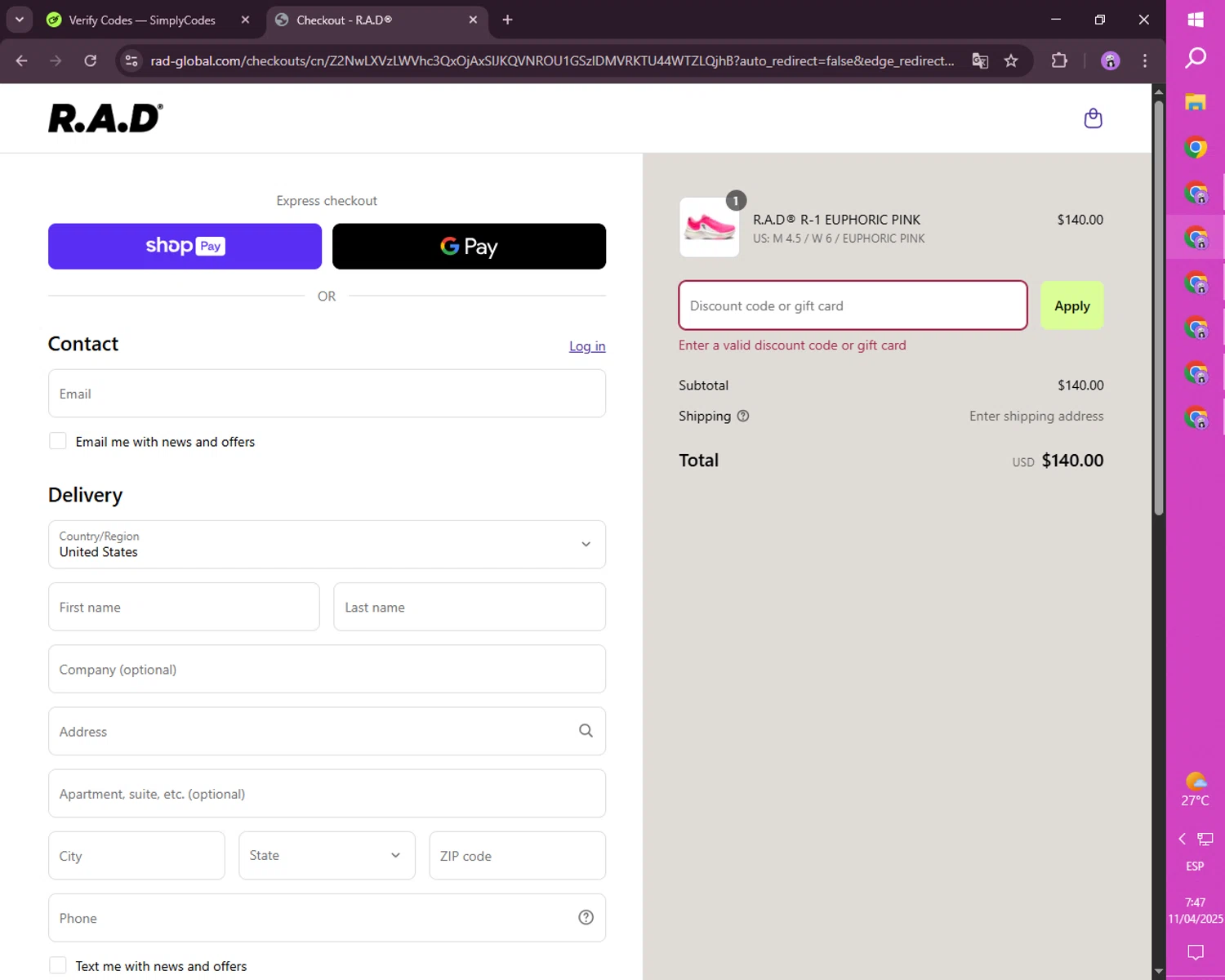 R.A.D discount code screenshot showing code DB3 applied at R.A.D checkout page. Uploaded by SimplyCodes community member CashSaver4711 on Apr 11, 2025