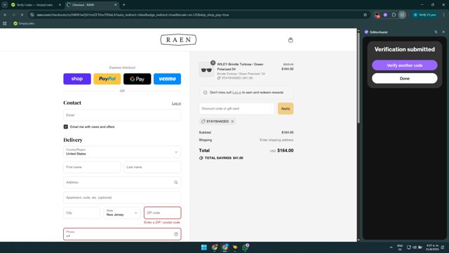 Raen checkout page showing Raen discount code box | Screenshot taken by SimplyCodes community member on Aug 31, 2025