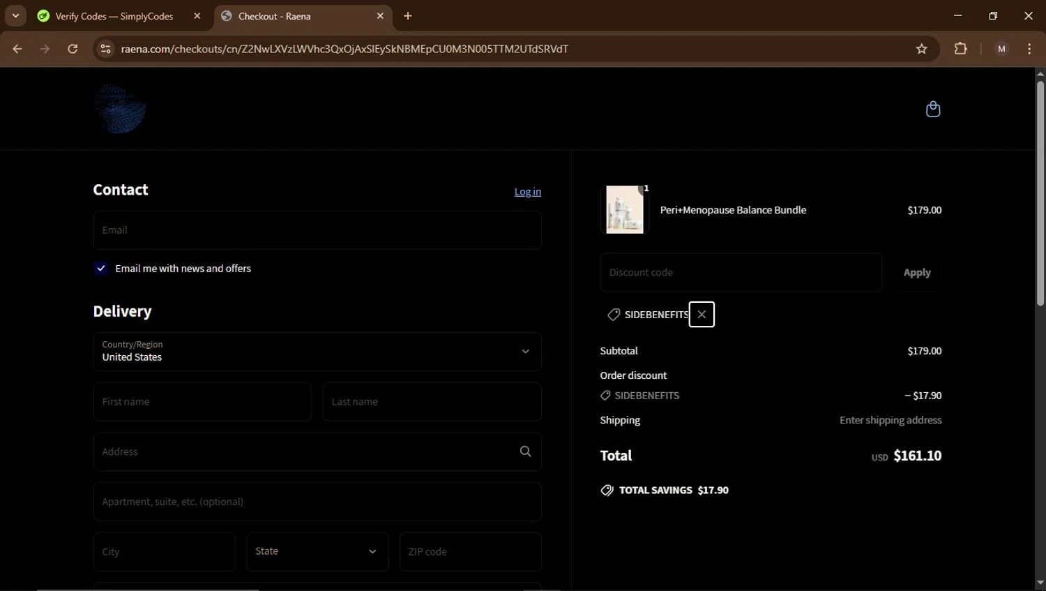 Raena promo code screenshot showing code SIDEBENEFITS applied at Raena checkout page. Uploaded by SimplyCodes community member Carrillojose on Mar 23, 2025