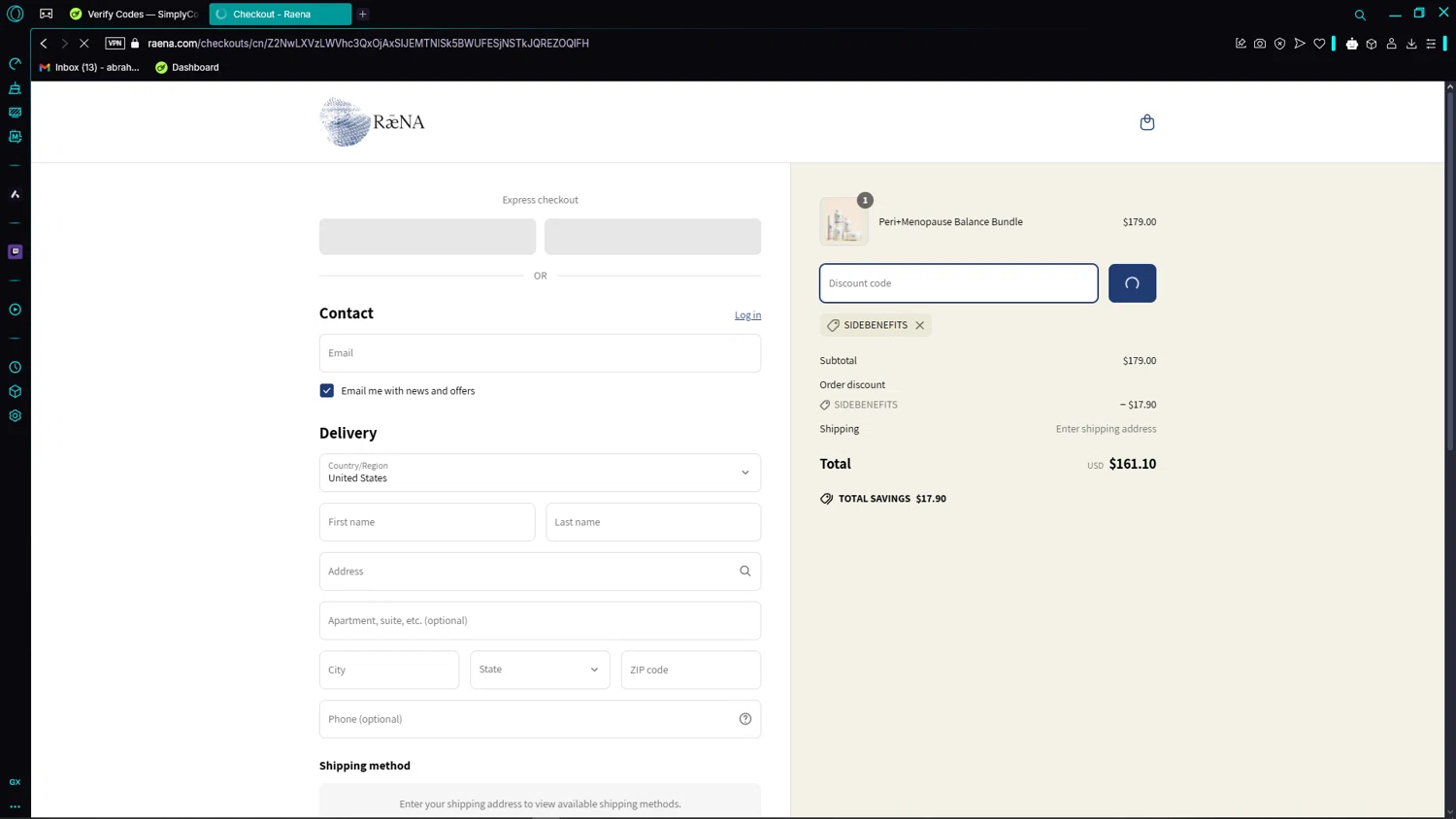 Raena promo code screenshot showing code SIDEBENEFITS applied at Raena checkout page. Uploaded by SimplyCodes community member WonderPhoenix8283 on Apr 9, 2025